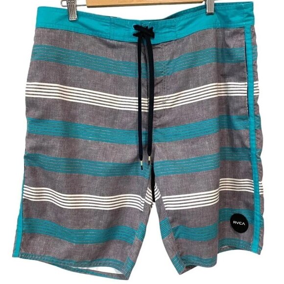 RVCA Classic Non-Stretch Board Shorts Size 36 Blue and Grey Striped - Picture 1 of 15